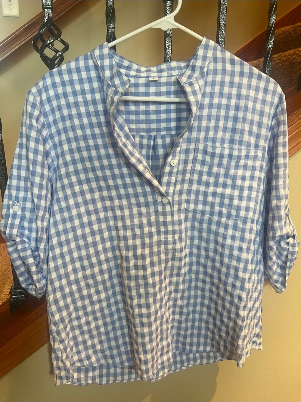 Amazon Blue and White Gingham Women’s Button-Front Blouse